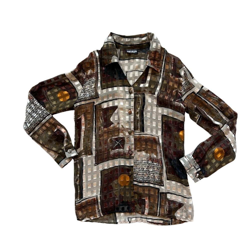 VTG silky sheer velvet burnout longsleeve button down Shirt artsy boho‎
